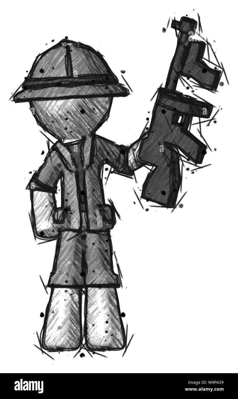 Sketch explorer ranger man holding tommygun comme un bandit. Banque D'Images Sketch explorer ranger man holding tommygun comme un bandit. Banque D'Images