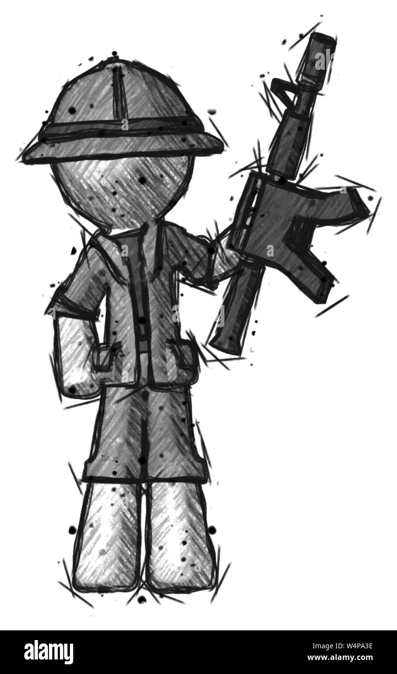 Sketch explorer ranger man holding pistolet automatique. Banque D'Images Sketch explorer ranger man holding pistolet automatique. Banque D'Images