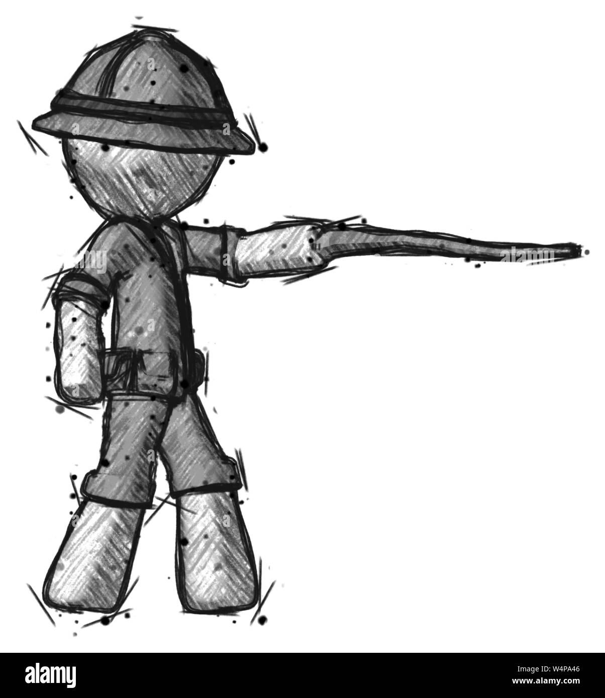 Sketch explorer ranger homme pointant avec bâton de randonnée. Banque D'Images