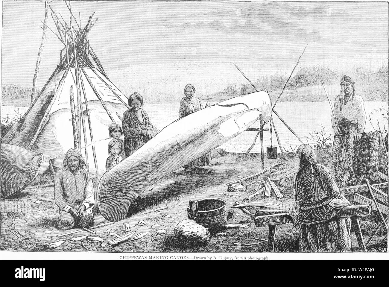 Dessin gravé de la fabrication de canots indiens Chippewa, du livre 'Ridpath's histoire universelle de l' de John Clark Ridpath, 1897. Avec la permission de Internet Archive. () Banque D'Images