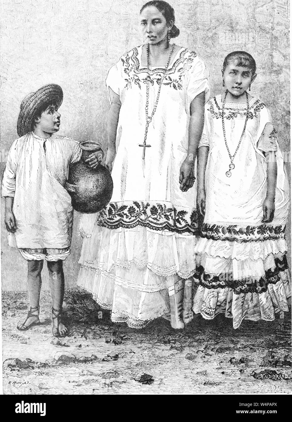 Dessin gravé des Indiens du Mexique, mère, fille et fils, du livre 'Ridpath's histoire universelle de l' de John Clark Ridpath, 1897. Avec la permission de Internet Archive. () Banque D'Images