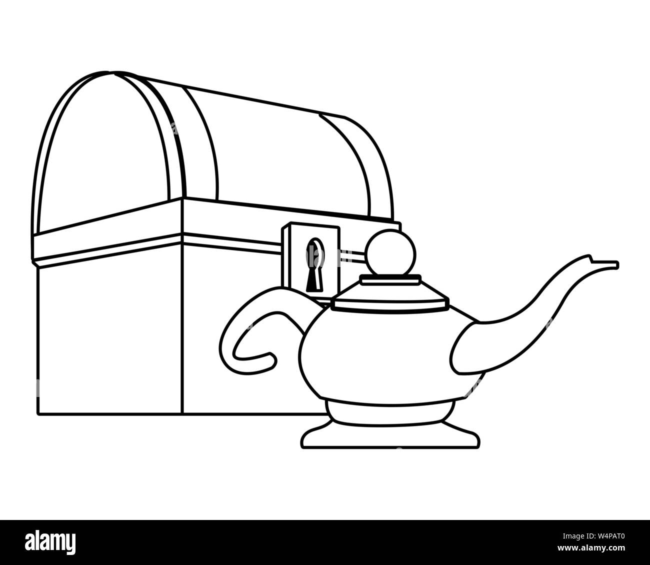 Coffre en bois Antique lampe magique et en noir et blanc Illustration de Vecteur