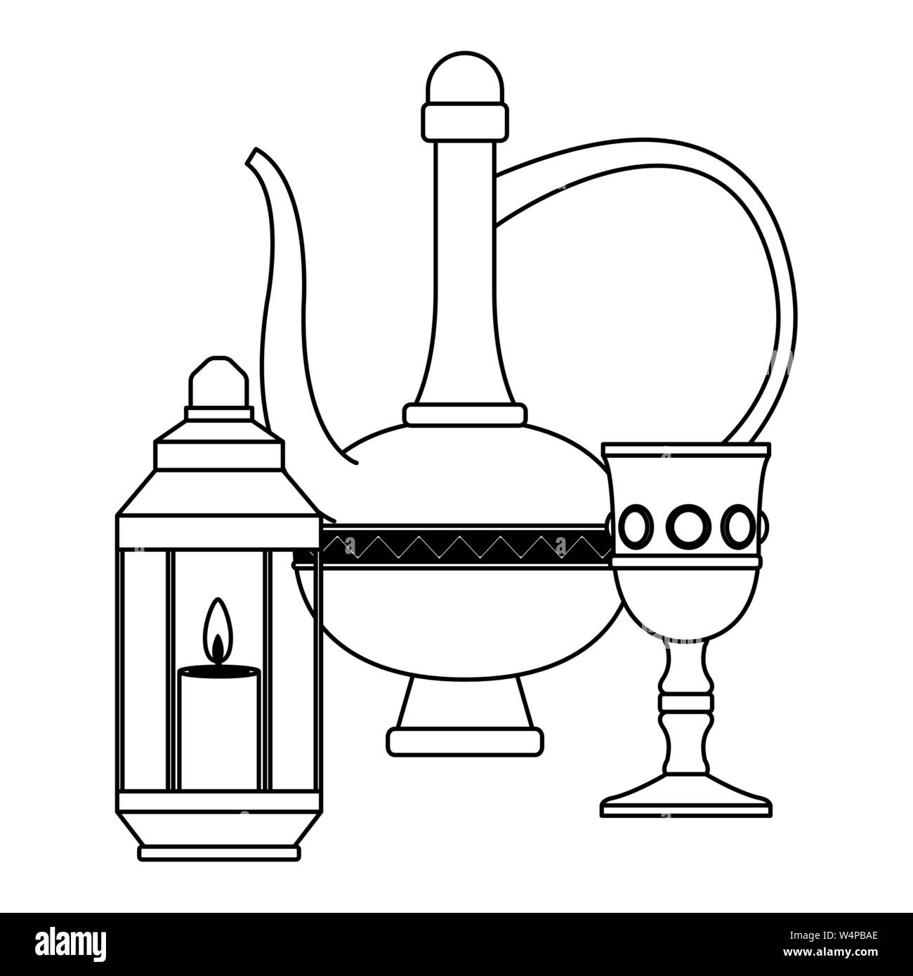 Lampe magique avec calice de luxe et une lanterne à bougie en noir et blanc Illustration de Vecteur