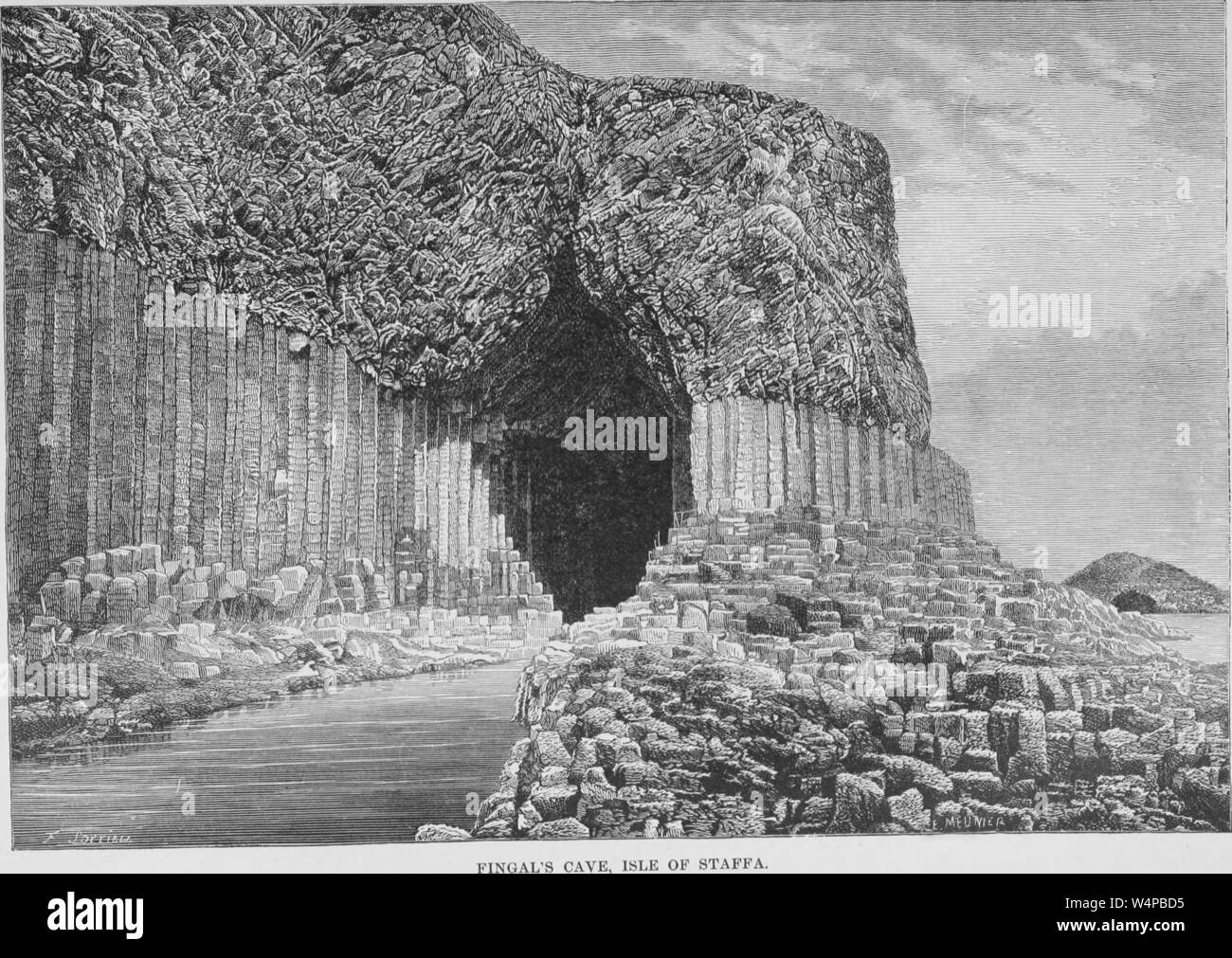 La gravure de la Grotte de Fingal, île de Staffa (Écosse), du livre "La terre et ses habitants" par Elisee Reclus, 1881. Avec la permission de Internet Archive. () Banque D'Images