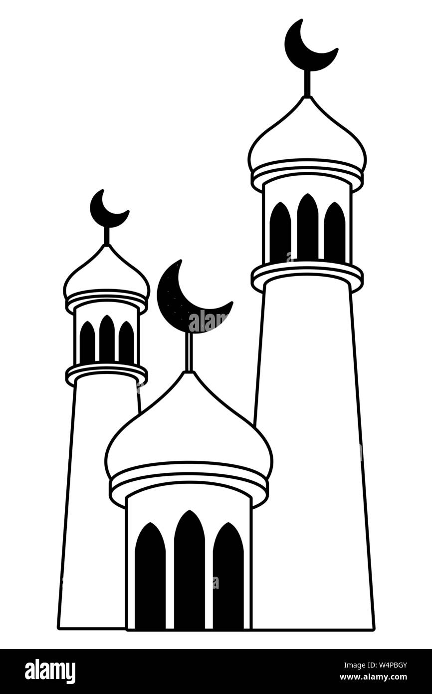 Eid Mubarak tours avec quartier de lune en noir et blanc Illustration de Vecteur