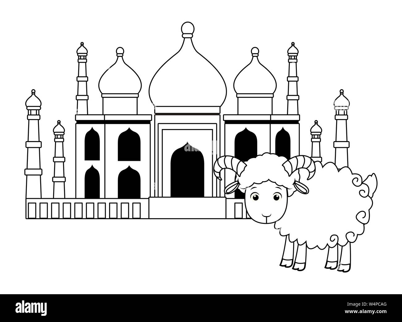 La construction du Taj Mahal et chèvre isolés cartoon en noir et blanc Illustration de Vecteur