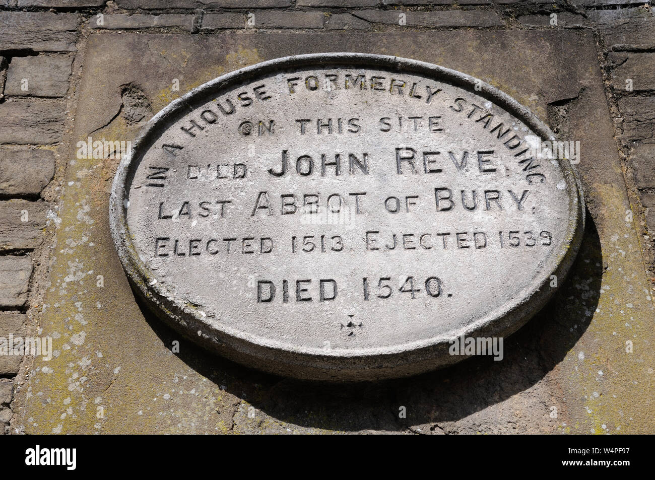 Cette plaque rappelle John Reeve, Crown Street, Bury St Edmunds, Suffolk. Il était le dernier abbé de Bury St Edmunds, Banque D'Images