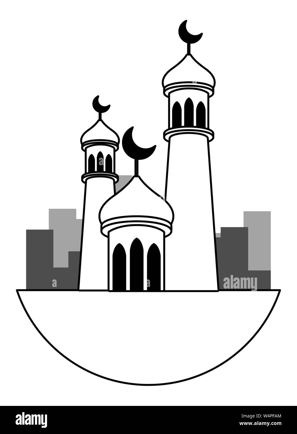 Eid Mubarak tours avec quartier de lune en noir et blanc Illustration de Vecteur