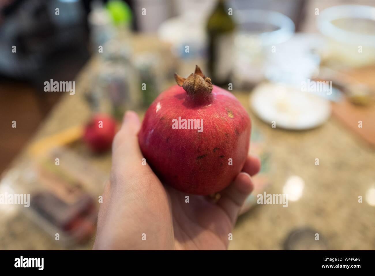 Main d'un homme tenant un fruit de grenade sur la fête juive de Roch Hachana, la grenade est considérée comme un symbole de la maison de vacances et des commandements de la Torah, ou Bible juive, San Ramon, Californie, le 9 septembre 2018. () Banque D'Images