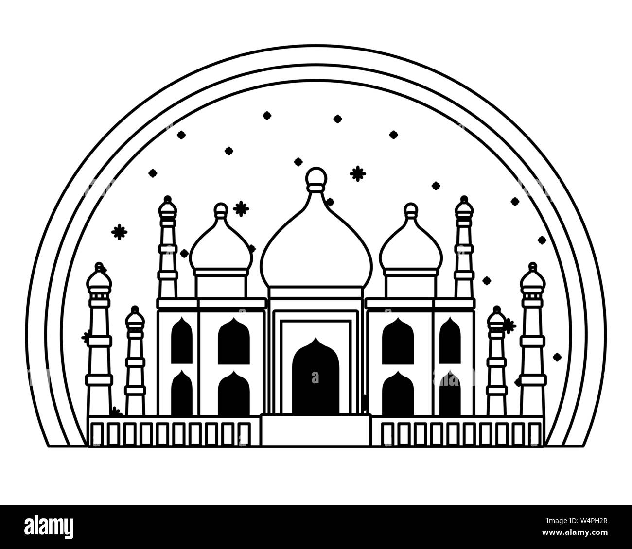 Taj Mahal inde monument antique en noir et blanc Illustration de Vecteur