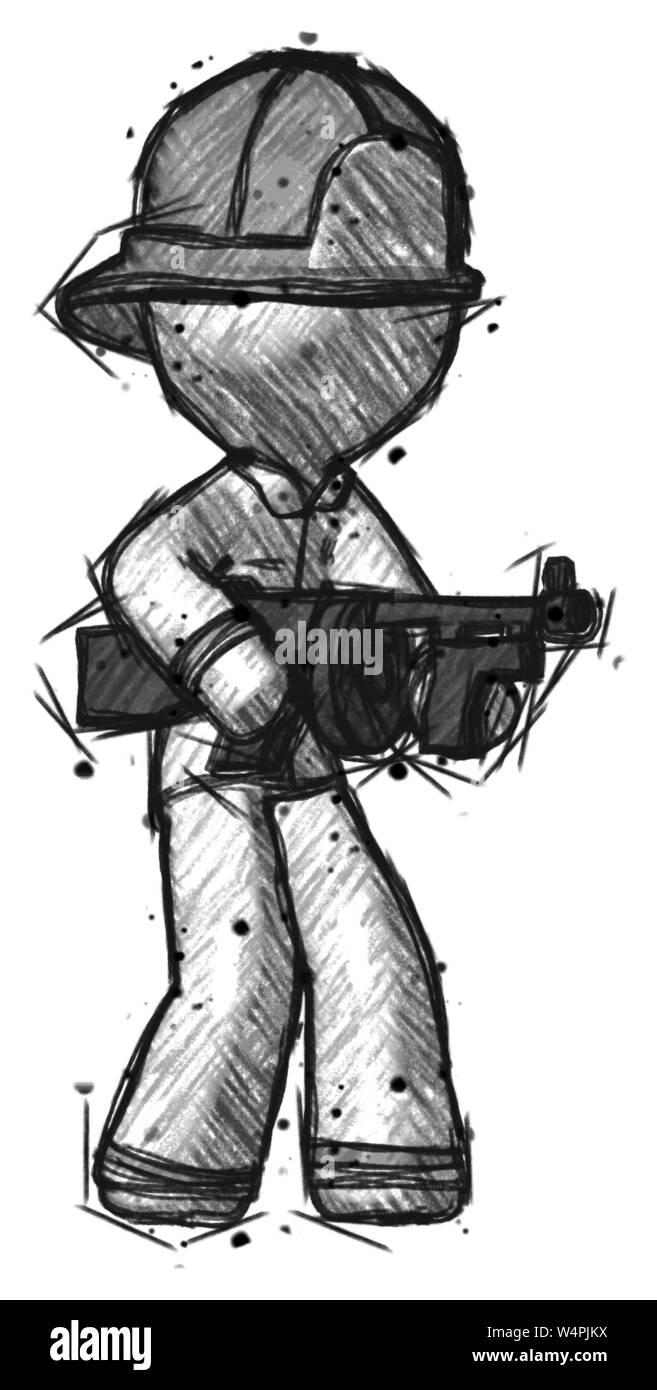 Pompier POMPIER croquis man Tommy gun tir gangster poser. Banque D'Images Pompier POMPIER croquis man Tommy gun tir gangster poser. Banque D'Images