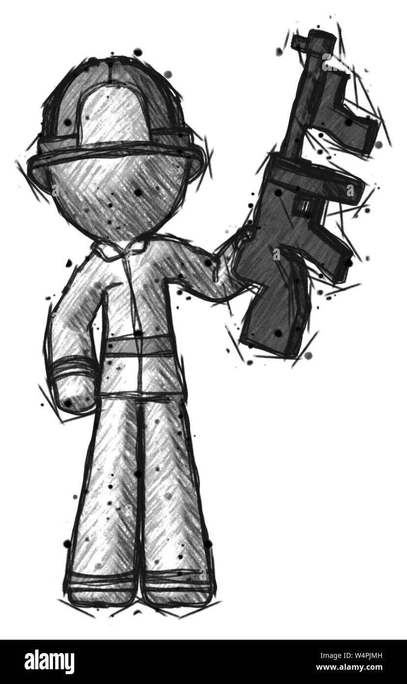 Pompier POMPIER croquis man holding tommygun comme un bandit. Banque D'Images Pompier POMPIER croquis man holding tommygun comme un bandit. Banque D'Images