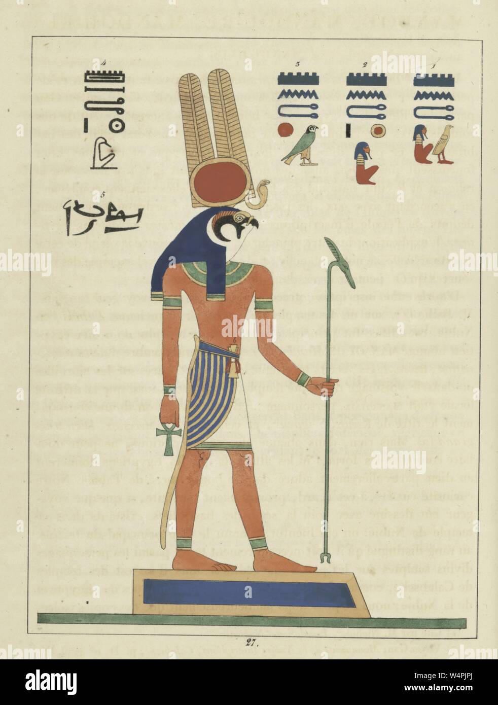 Dieu égyptien ancien Montu, un homme avec la tête d'un faucon tenant l'ankh et le sceptre, le dieu de la guerre, illustration du livre 'panthéon égyptien' par Léon Jean Joseph Dubois, 1824. () Banque D'Images