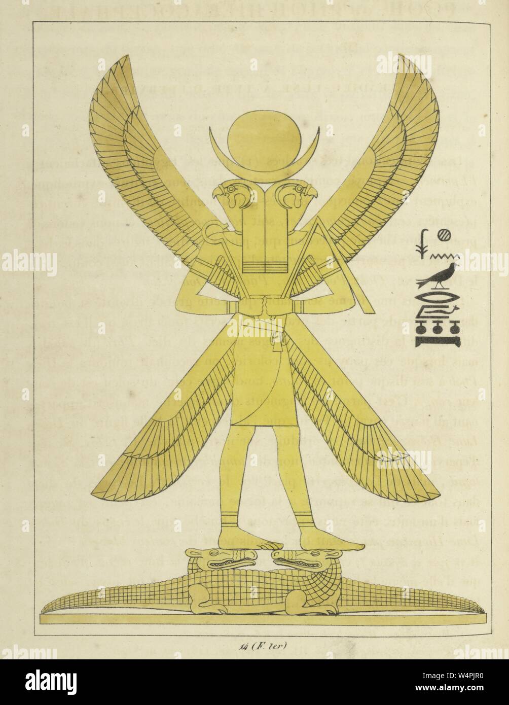 Khonsou dieu de l'Égypte ancienne, un homme avec deux têtes de faucon, dieu de la lune et la création d'une nouvelle vie dans tous les êtres vivants, illustration du livre 'panthéon égyptien' par Léon Jean Joseph Dubois, 1824. () Banque D'Images