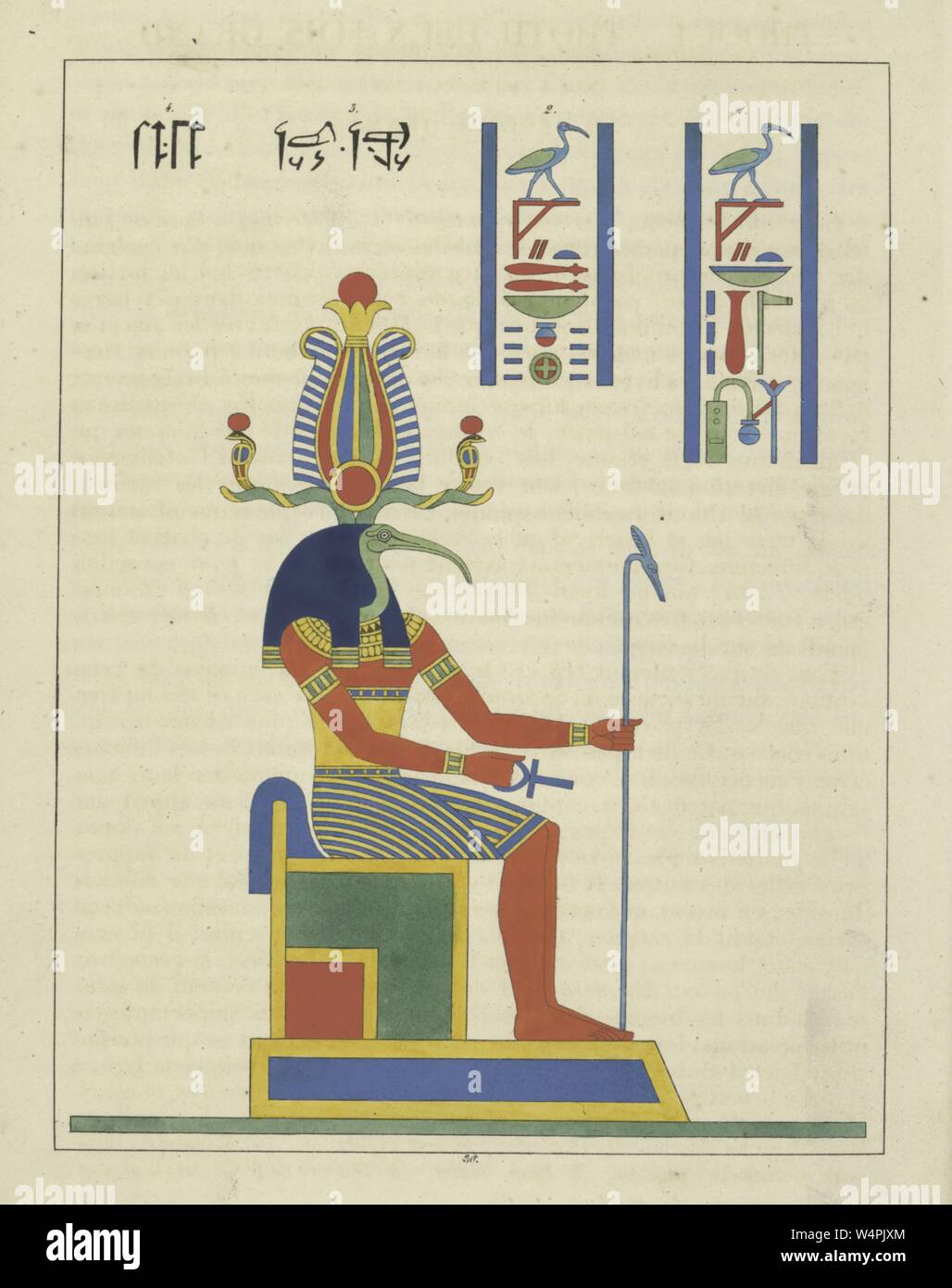 Le dieu Thot, tenant l'ankh et le sceptre, représenté avec une tête d'ibis, dieu de la magie, de l'écriture, le développement de la science, et le jugement des morts, illustration du livre 'panthéon égyptien' par Léon Jean Joseph Dubois, 1824. () Banque D'Images