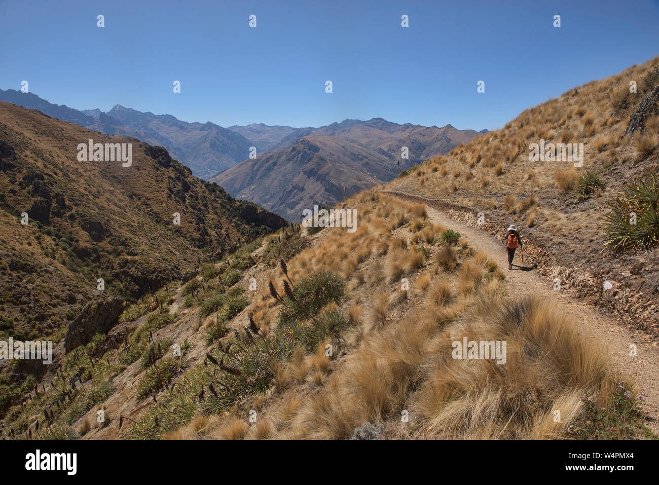 Trekking dans l'original de l'Inca vers les ruines de Huchuy Qosqo, Vallée Sacrée, Pérou Banque D'Images