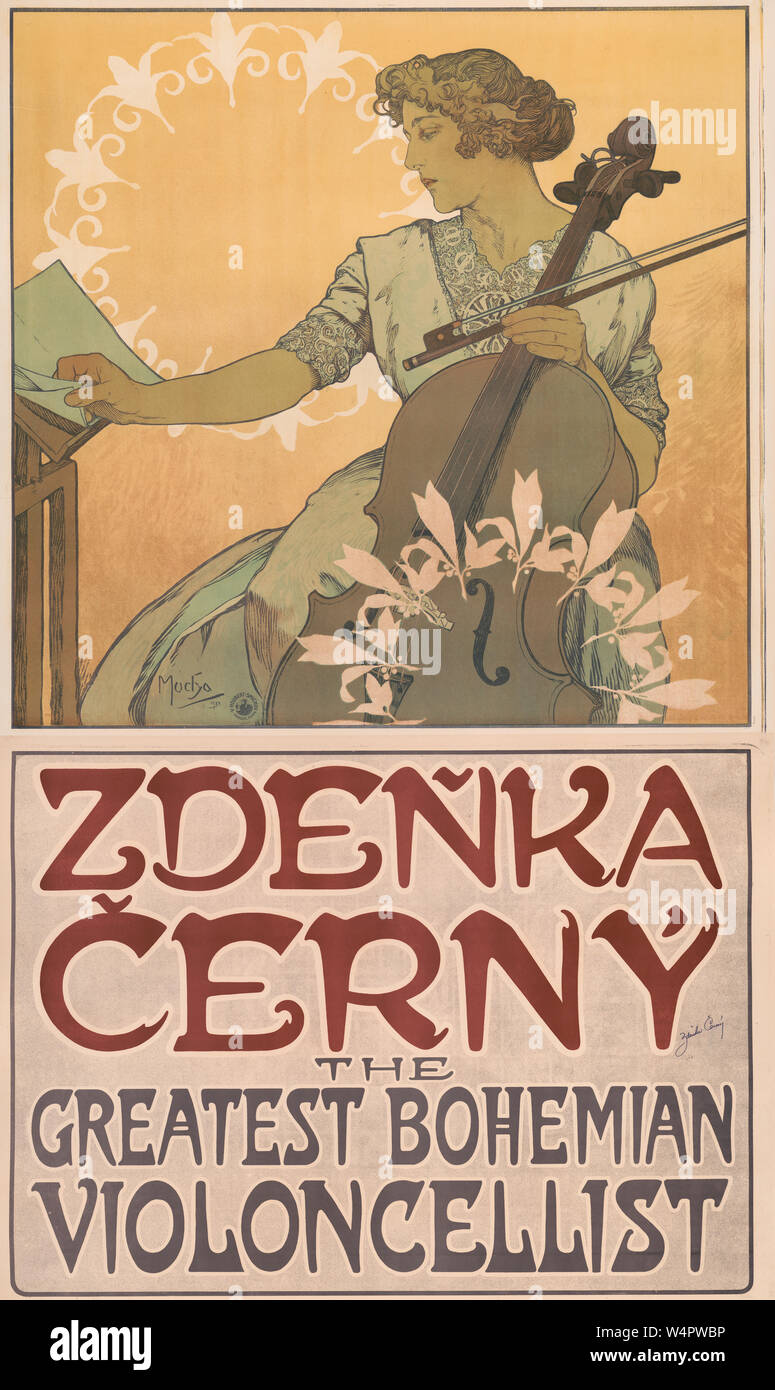 Zdenka Cerny - Le plus grand violoncelliste de Bohême. Pour l'affiche de la tournée européenne de 1914-1915 montre Zdenka Cerny avec son violoncelle à tourner les pages de la musique sur support musical ; concert tour a été annulé à cause de la Première Guerre mondiale. Banque D'Images