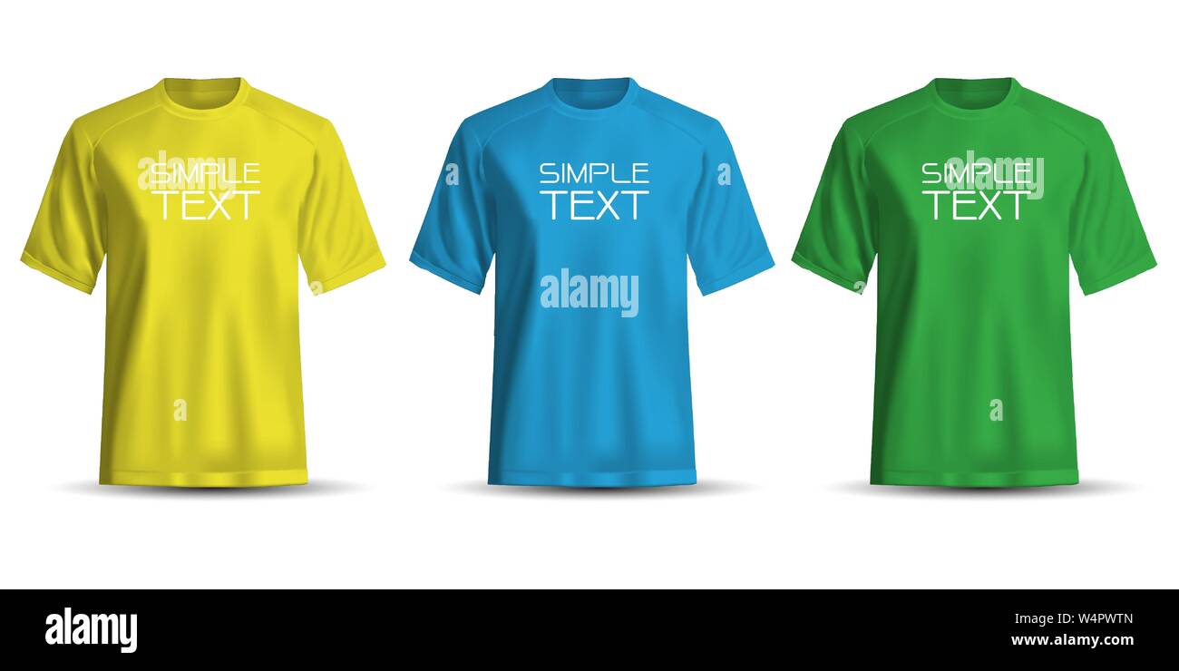 T-shirt réaliste jaune bleu vert sur fond blanc vector illustration. Illustration de Vecteur