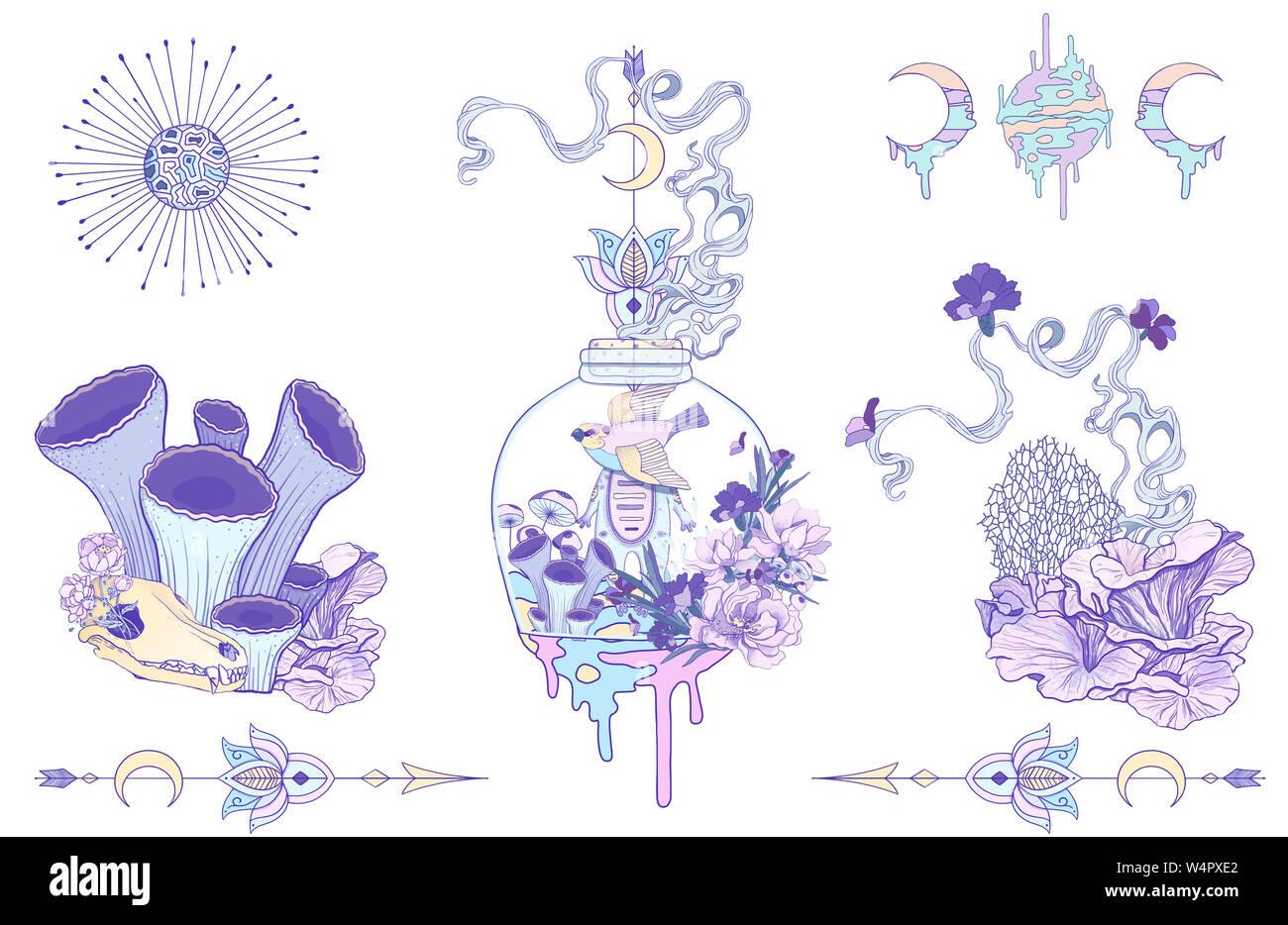 Ensemble moderne Violet Alien Flora. Illustration dessinée à la main, dessin animé, dessin animé avec motif floral abstrait. Carte d'été. Fond du concept d'été Banque D'Images