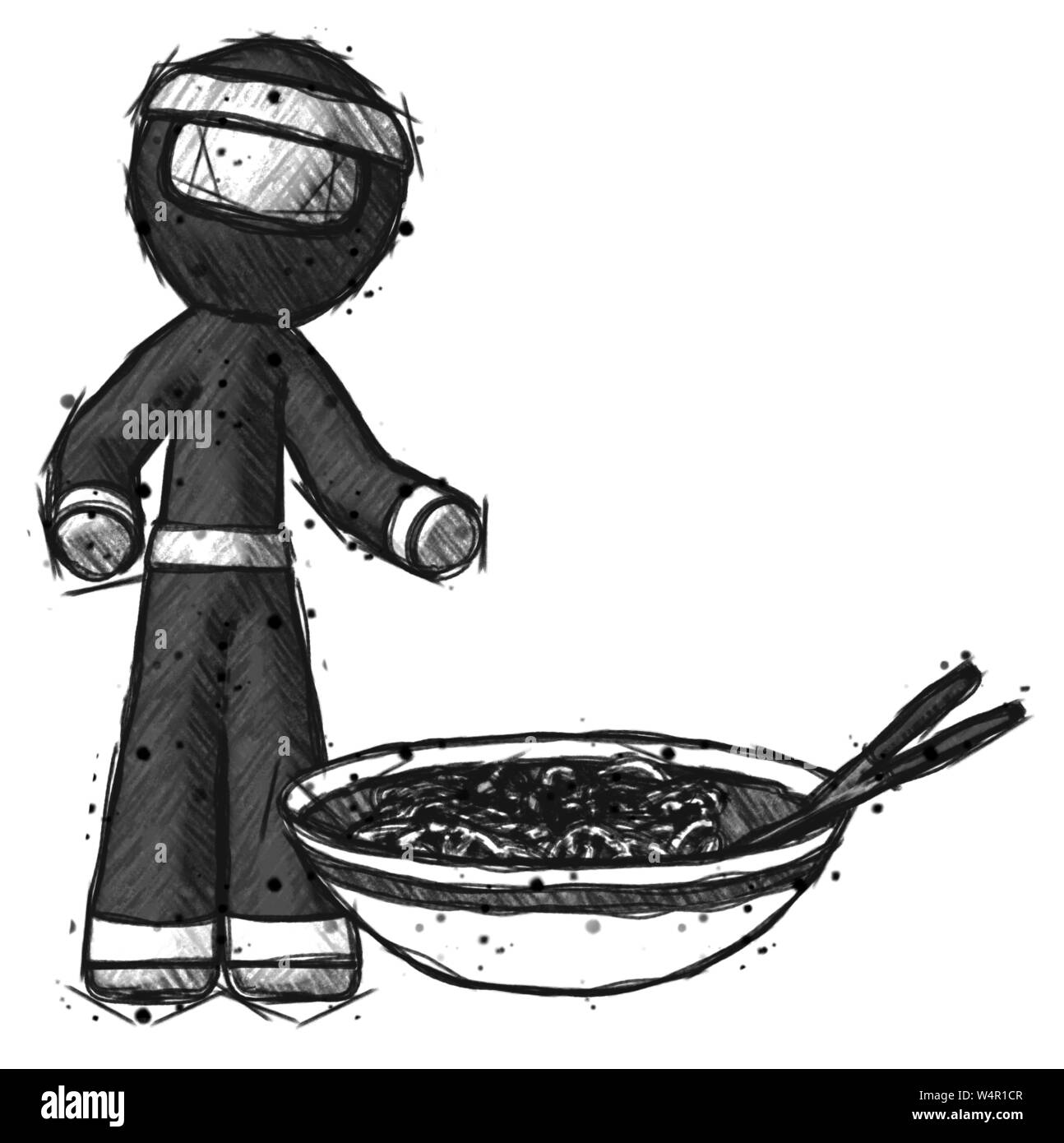 Guerrier ninja croquis man et bol de nouilles, soupe géant restaurant concept. Banque D'Images