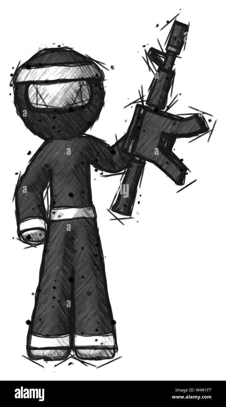 Guerrier ninja croquis man holding pistolet automatique. Banque D'Images Guerrier ninja croquis man holding pistolet automatique. Banque D'Images