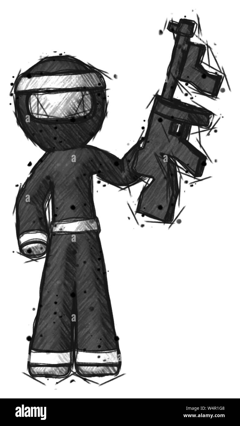 Guerrier ninja croquis man holding tommygun comme un bandit. Banque D'Images Guerrier ninja croquis man holding tommygun comme un bandit. Banque D'Images