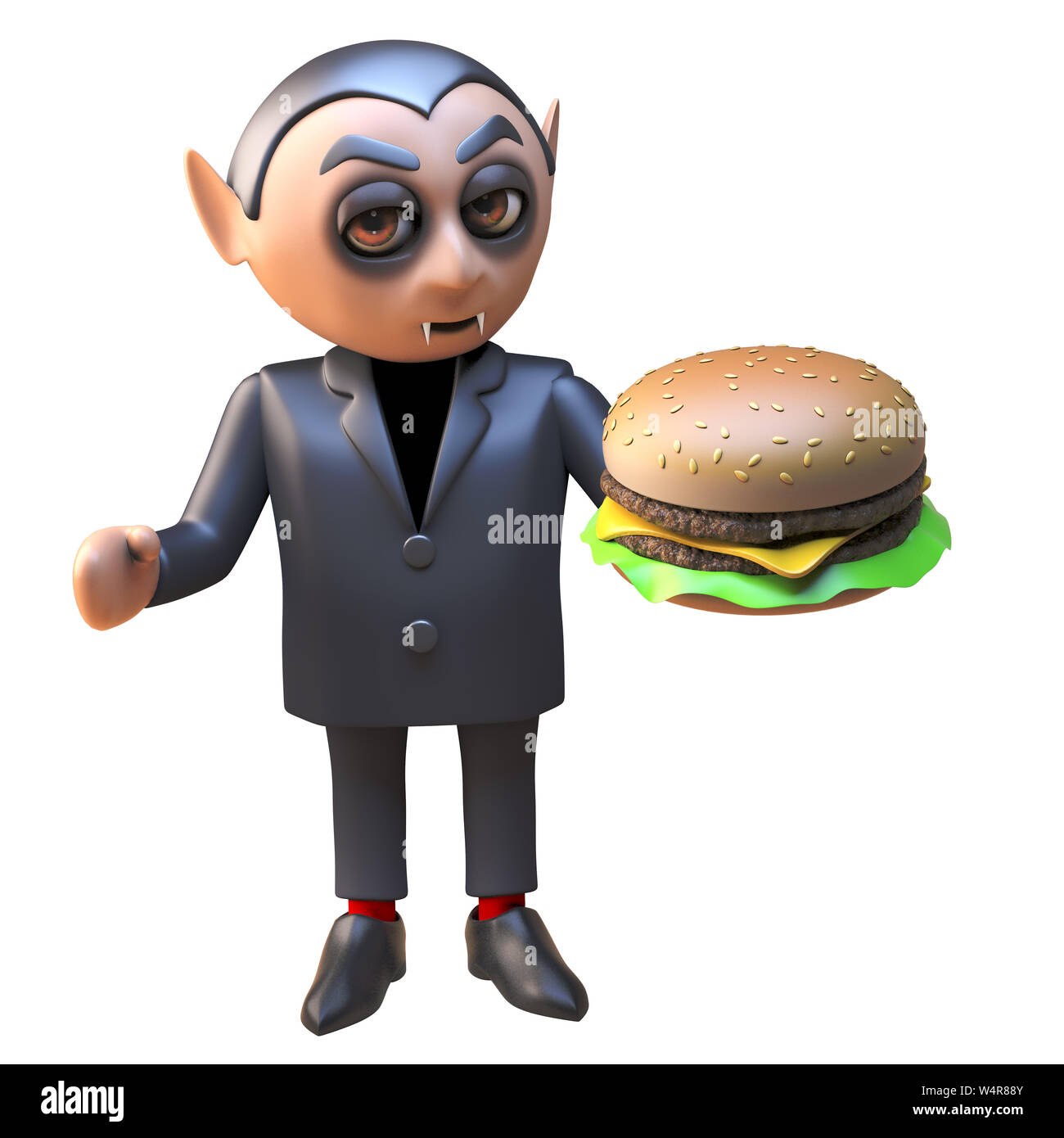 Vampire dracula Halloween 3d character manger un fromage savoureux burger, illustration 3D render Banque D'Images