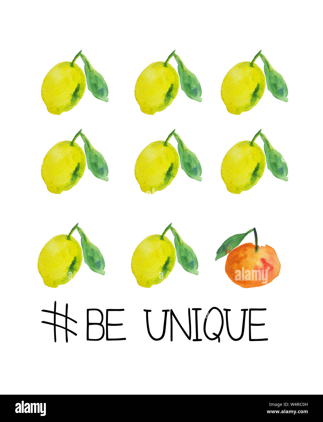 Motif peint à la main à l'aquarelle de citrons, la mandarine et l'être unique' 'hashtag Banque D'Images