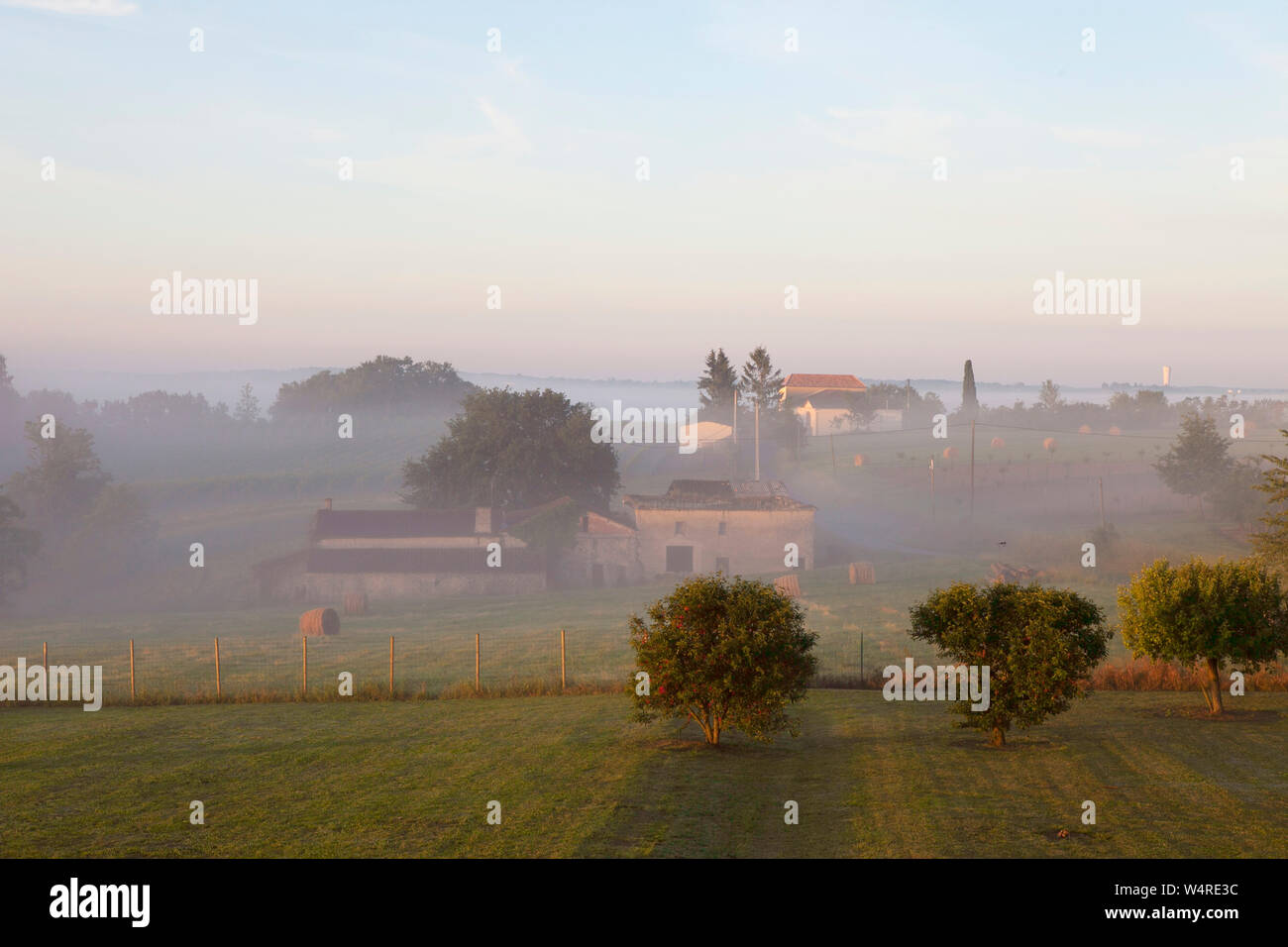 Les bâtiments de ferme à Duras le sud de la France sur un early misty summers day. Banque D'Images Les bâtiments de ferme à Duras le sud de la France sur un early misty summers day. Banque D'Images