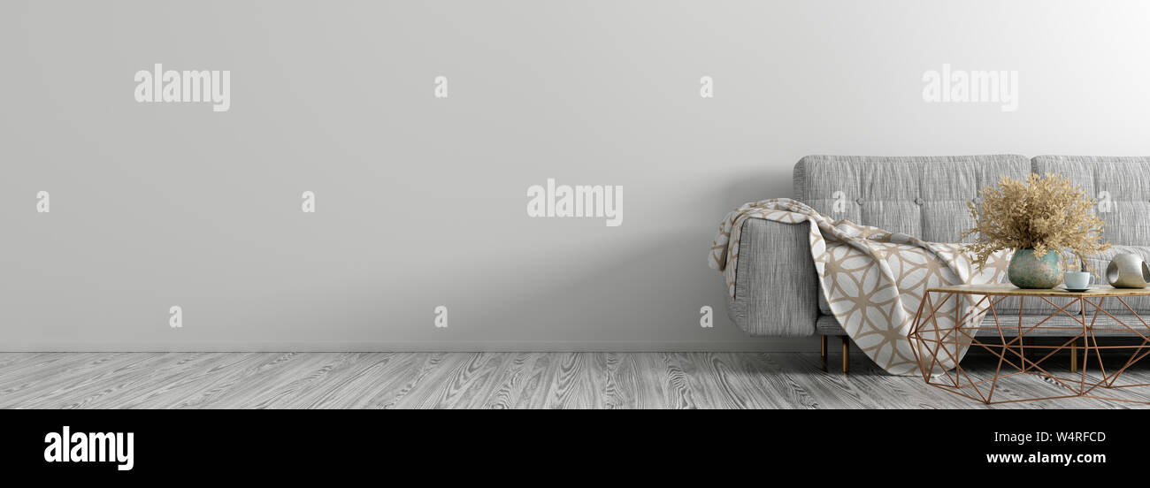Intérieur de salle de séjour avec canapé gris à carreaux avec table basse, rendu 3D panorama Banque D'Images