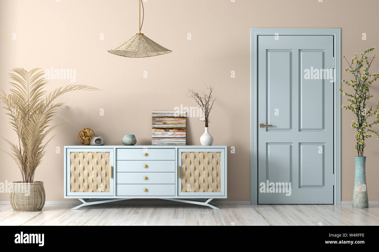 Intérieur moderne de salle de séjour avec porte bleue et dresser, maison design, rendu 3D Banque D'Images