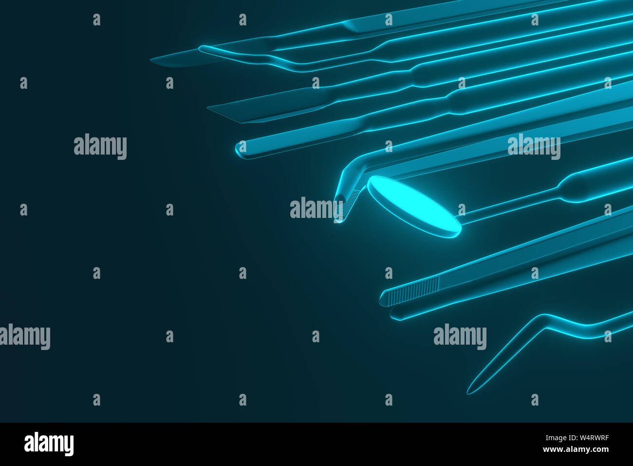 Image d'un outils de dentiste sur un fond bleu. Ensemble d'outils pour inspecter dentiste des dents. Le rendu 3D. Banque D'Images