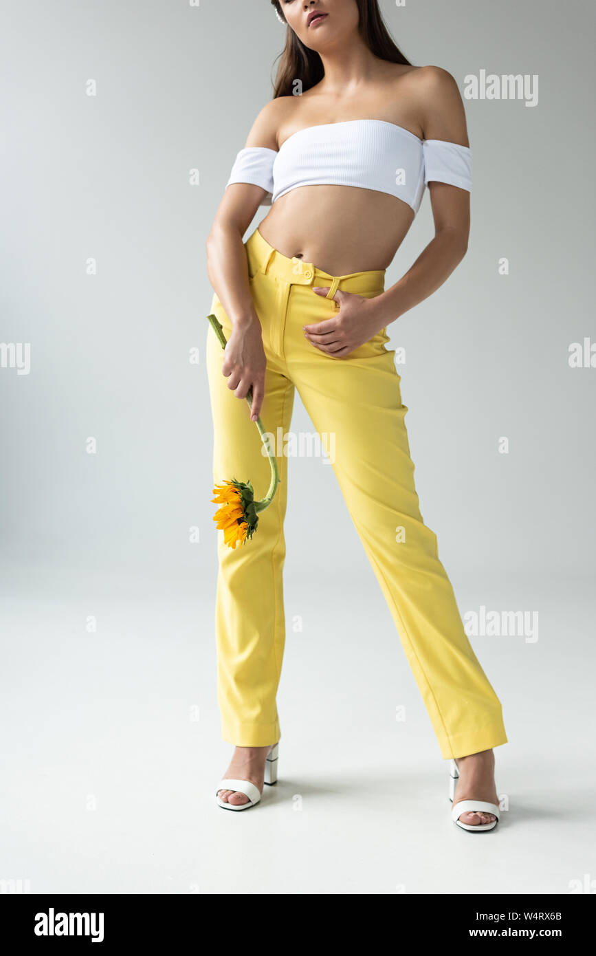 Portrait de la belle femme en pantalon jaune tournesol posant avec isolé  sur gray Photo Stock - Alamy