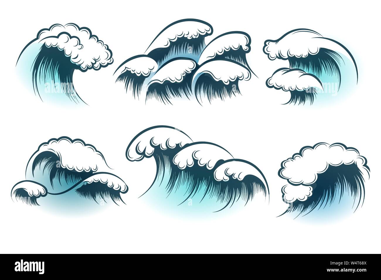 Faites à la main sur l'océan ou sur la mer vagues isolé sur fond blanc. Vector illustration. Illustration de Vecteur