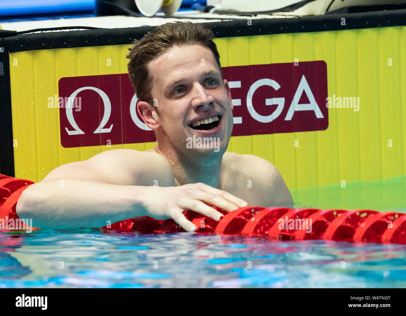 Gwangju, Corée du Sud. Le 25 juillet, 2019. Natation championnat du monde : 200 mètres hommes couches finale : Philip Heintz réagit. Crédit : Bernd Thissen/dpa/Alamy Live News Banque D'Images