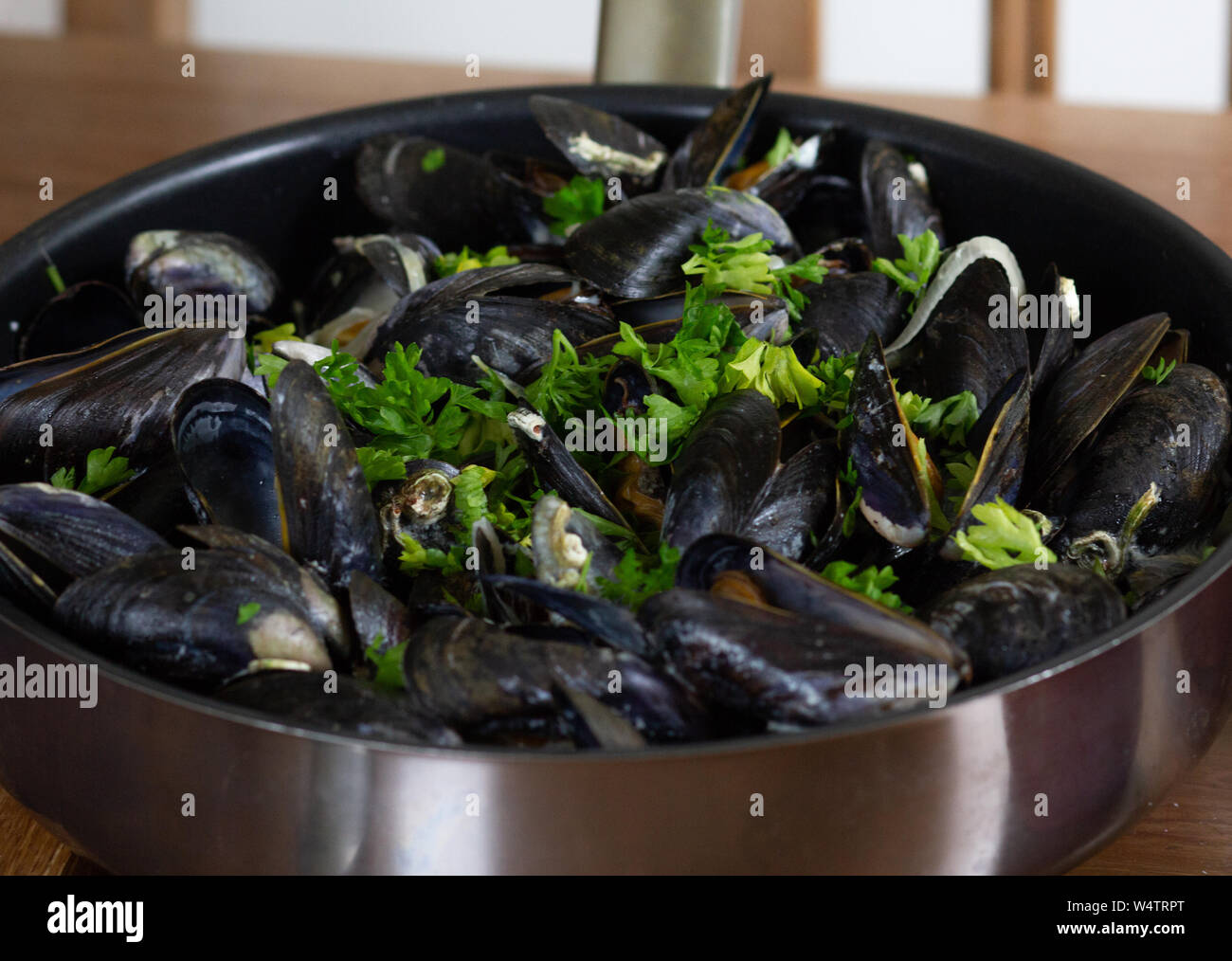 Moules cuites dans le vin et la crème avec les verts et l'oignon dans la poêle Banque D'Images