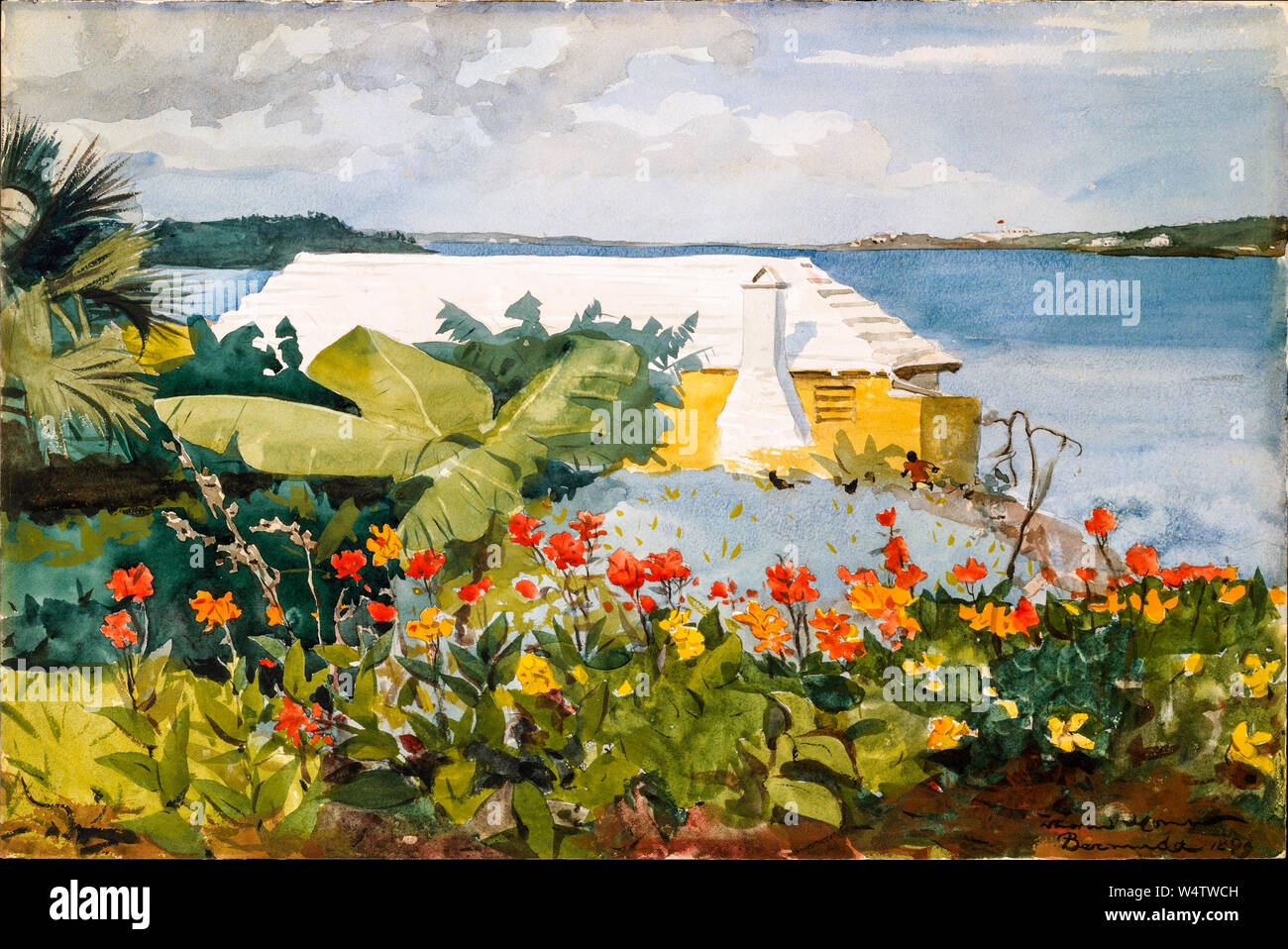 Winslow Homer, jardin fleuri et Bungalow, les Bermudes, la peinture de paysage, 1899 Banque D'Images