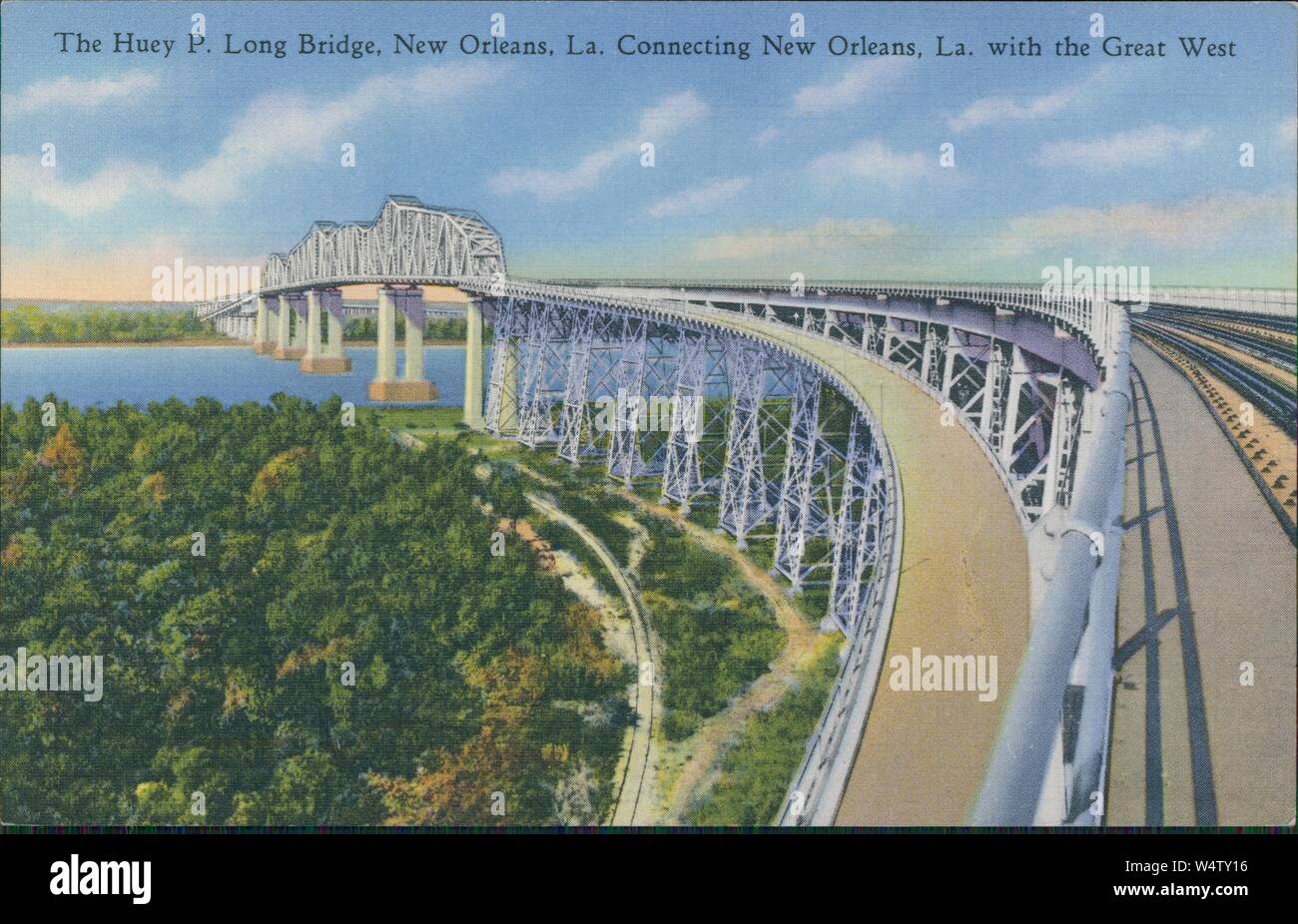 Carte postale Vintage reproduction du Huey P long pont au-dessus de la rivière Mississippi, Jefferson Parish, Louisiane, 1930. () Banque D'Images