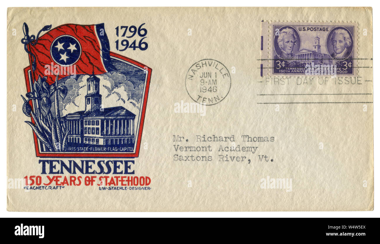 Nashville, Tennessee, USA -1 juin 1946 : enveloppe historique : couvrir avec un cachet de 150 ans de l'état 1796-1946, New Mexico State Capitol Banque D'Images