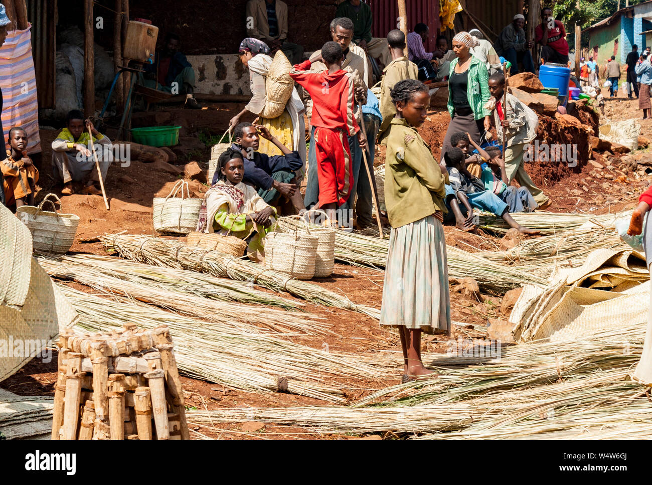 Jeune fille dans un marché éthiopien et carex roseaux séchés de vente pour l'artisanat et de la construction Banque D'Images