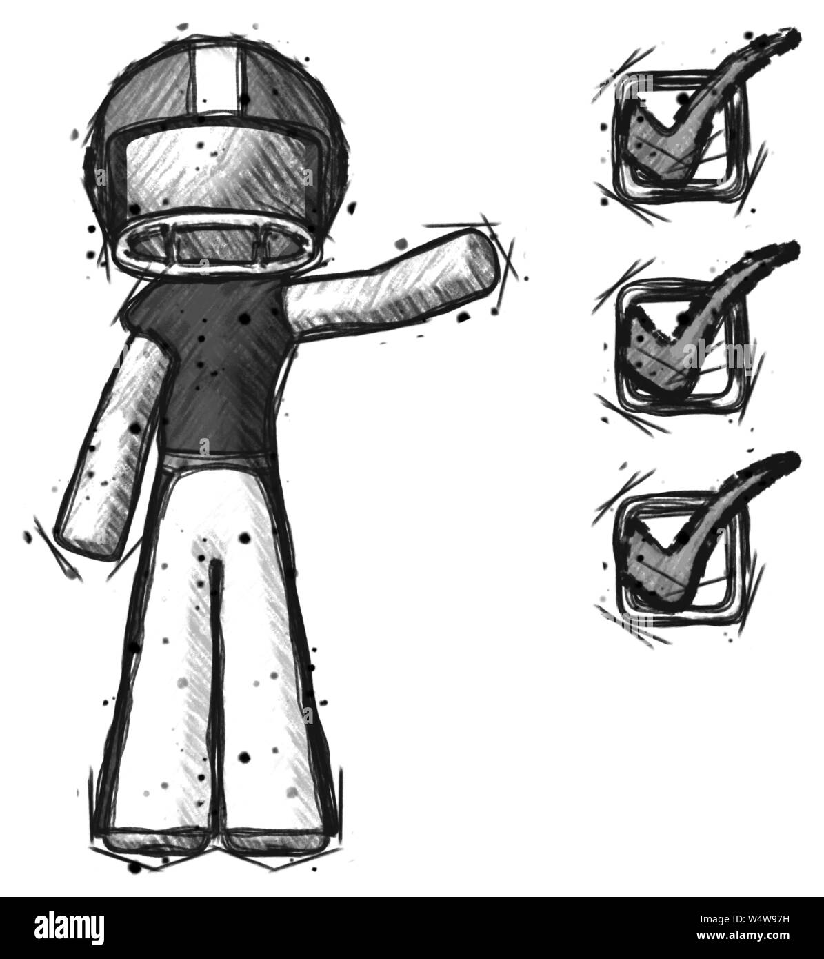 Joueur de football croquis bras homme pointant vers la liste des cases cochées. Banque D'Images