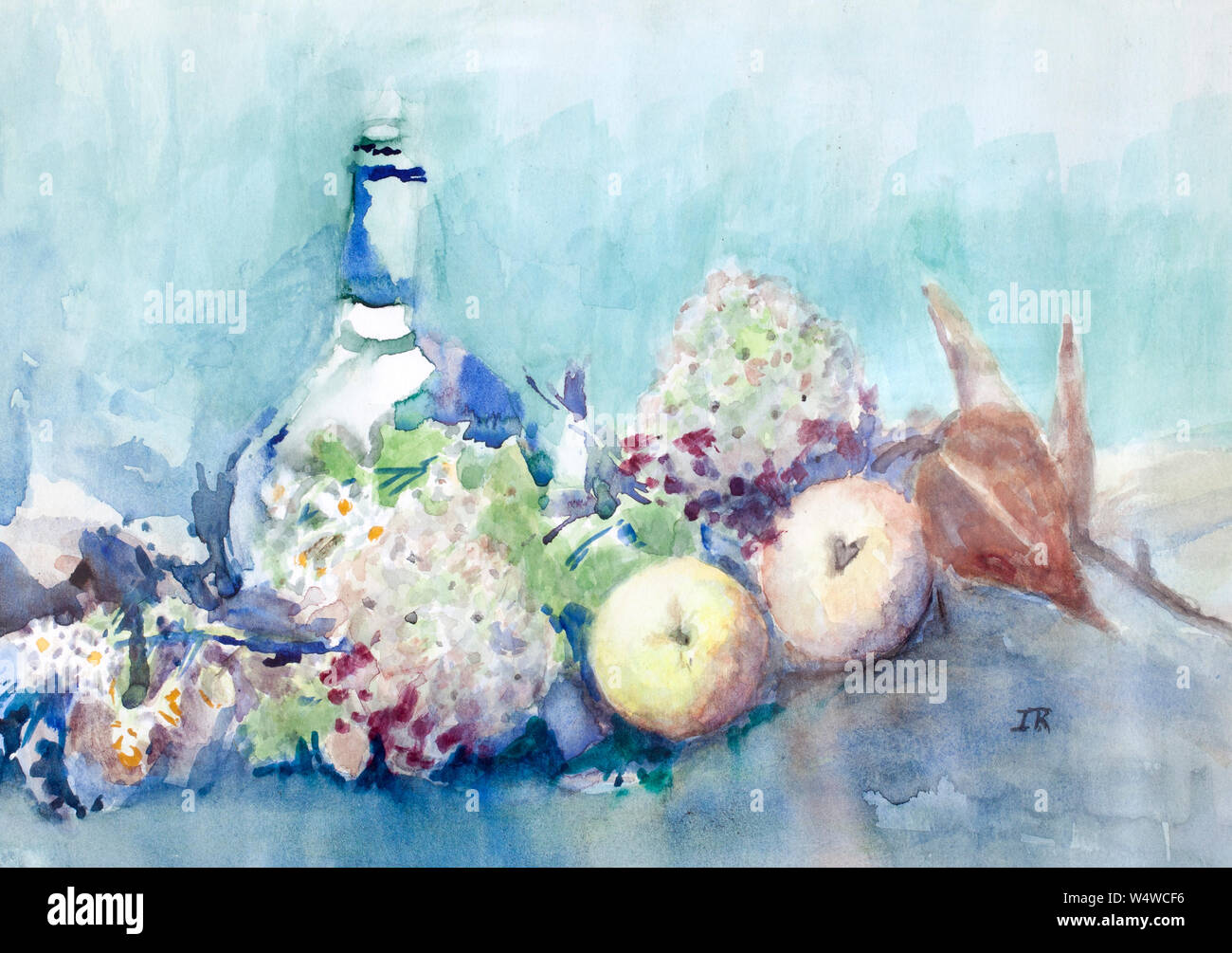 Vintage Still Life Peinture avec bouteille de fruits et de fleurs Banque D'Images