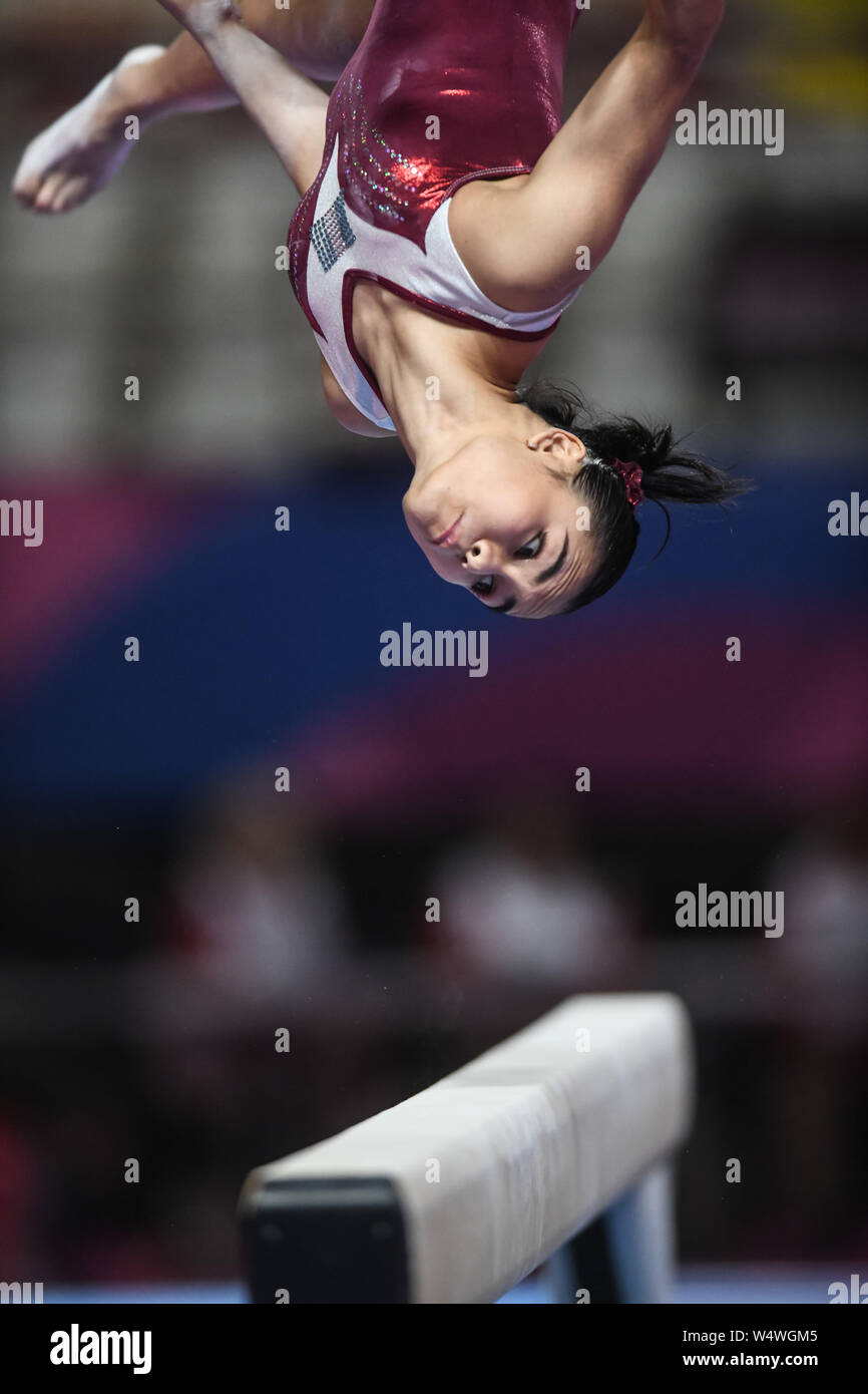 24 juillet 2019, Lima, Pérou : ANA IRENE PALACIOS de pratiques du Guatemala à la poutre lors de la formation podium avant la compétition tenue à la Jose Carlos Villa El Salvador à Lima, Pérou. Credit : Amy Sanderson/ZUMA/Alamy Fil Live News Banque D'Images