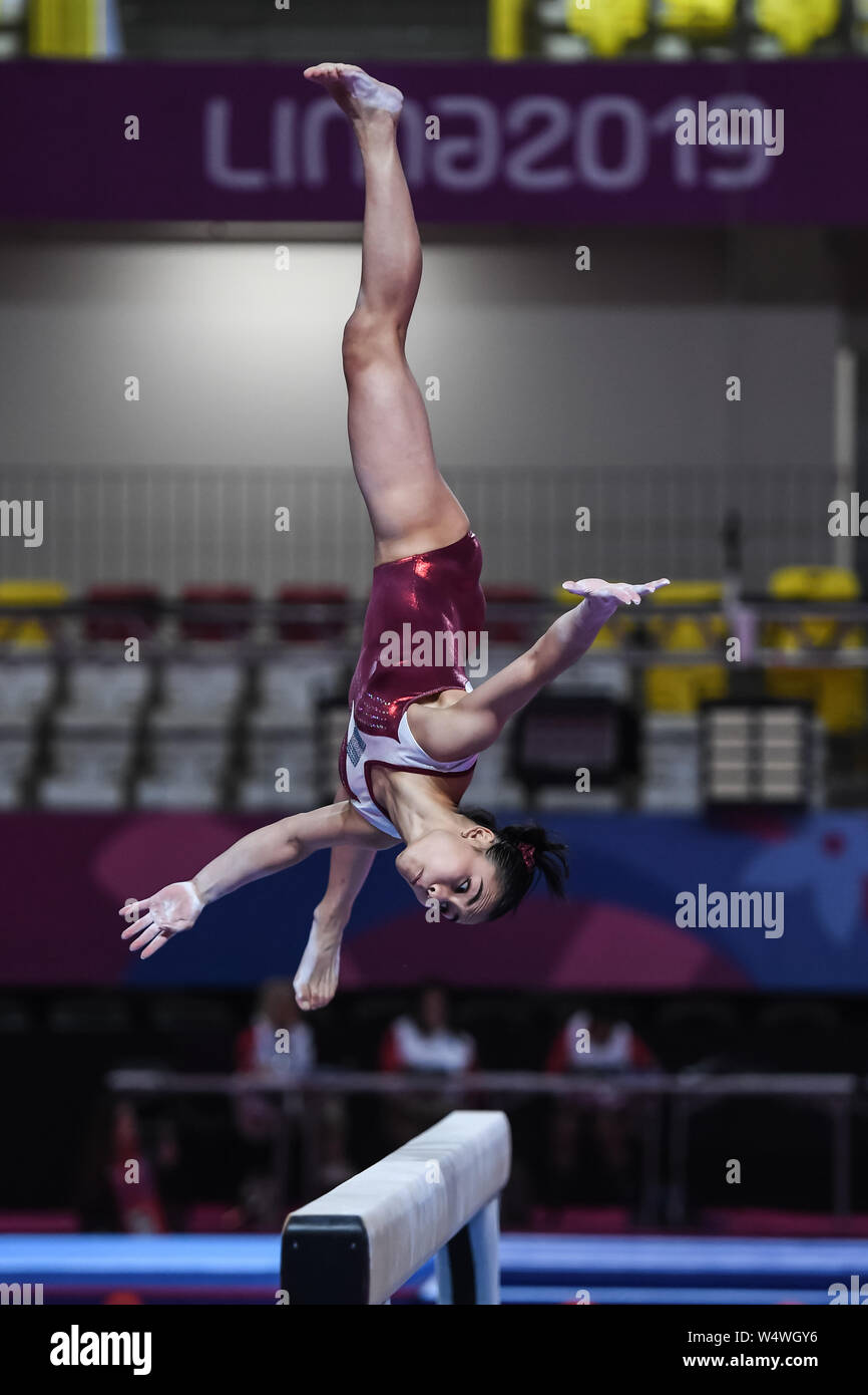 24 juillet 2019, Lima, Pérou : ANA IRENE PALACIOS de pratiques du Guatemala à la poutre lors de la formation podium avant la compétition tenue à la Jose Carlos Villa El Salvador à Lima, Pérou. Credit : Amy Sanderson/ZUMA/Alamy Fil Live News Banque D'Images