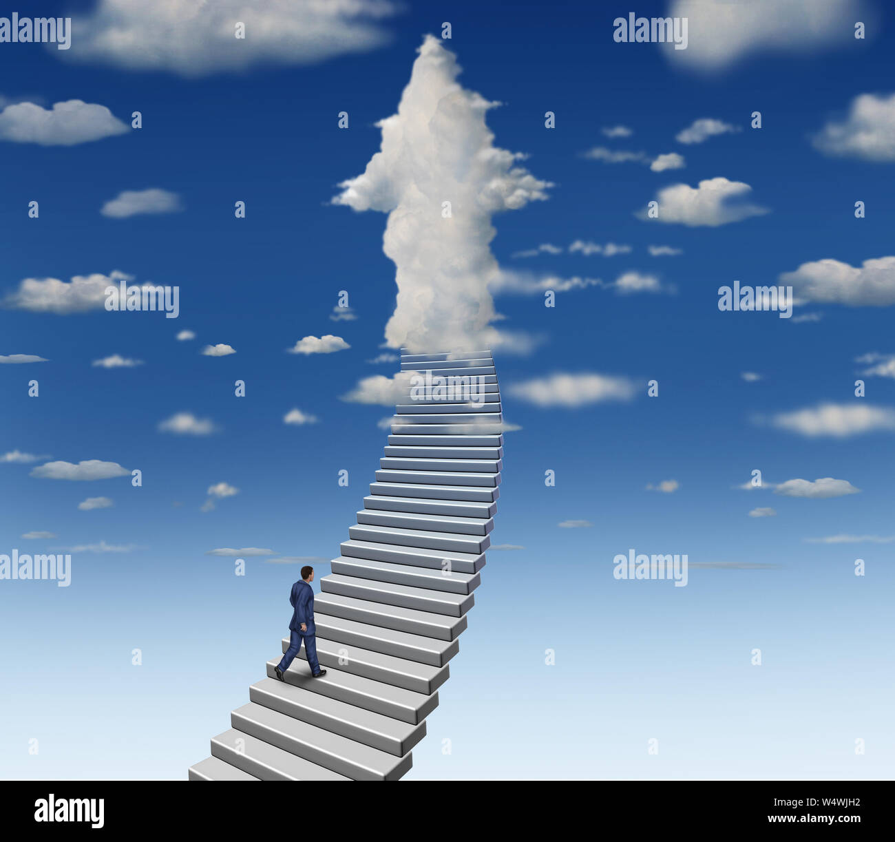 Homme d'Ambition concept avec la montée des escaliers pour un succès en forme de nuage comme une flèche avec une illustration 3D éléments. Banque D'Images