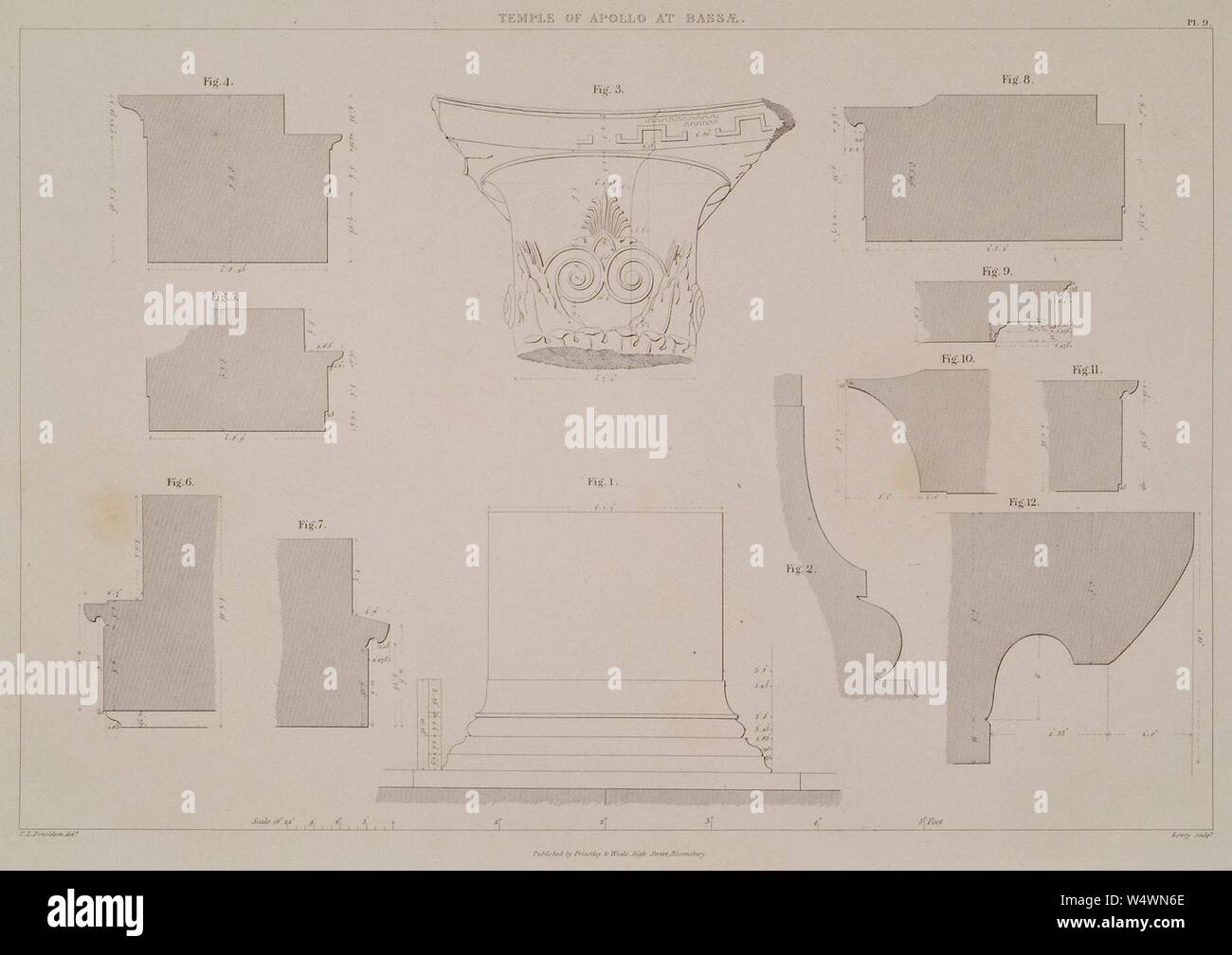 Ordre corinthien et d'autres détails Fig 1- Base de l'ordre corinthien Fig 2- Profil du tore suivi à partir de l'original - Charles Robert Cockerell Kinnard William Donaldsonthomas Leverton Jenkins William Railton William - 1830. Banque D'Images