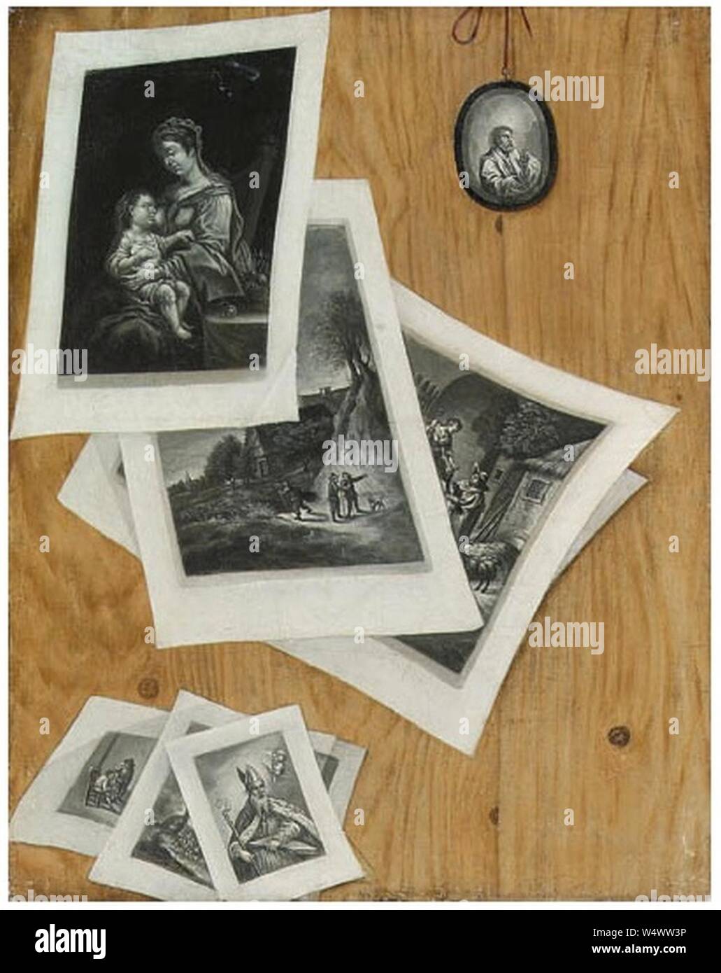 Cornelis Norbertus Gijsbrechts - un trompe-l'oeil de tirages collés sur une cloison en bois. Banque D'Images