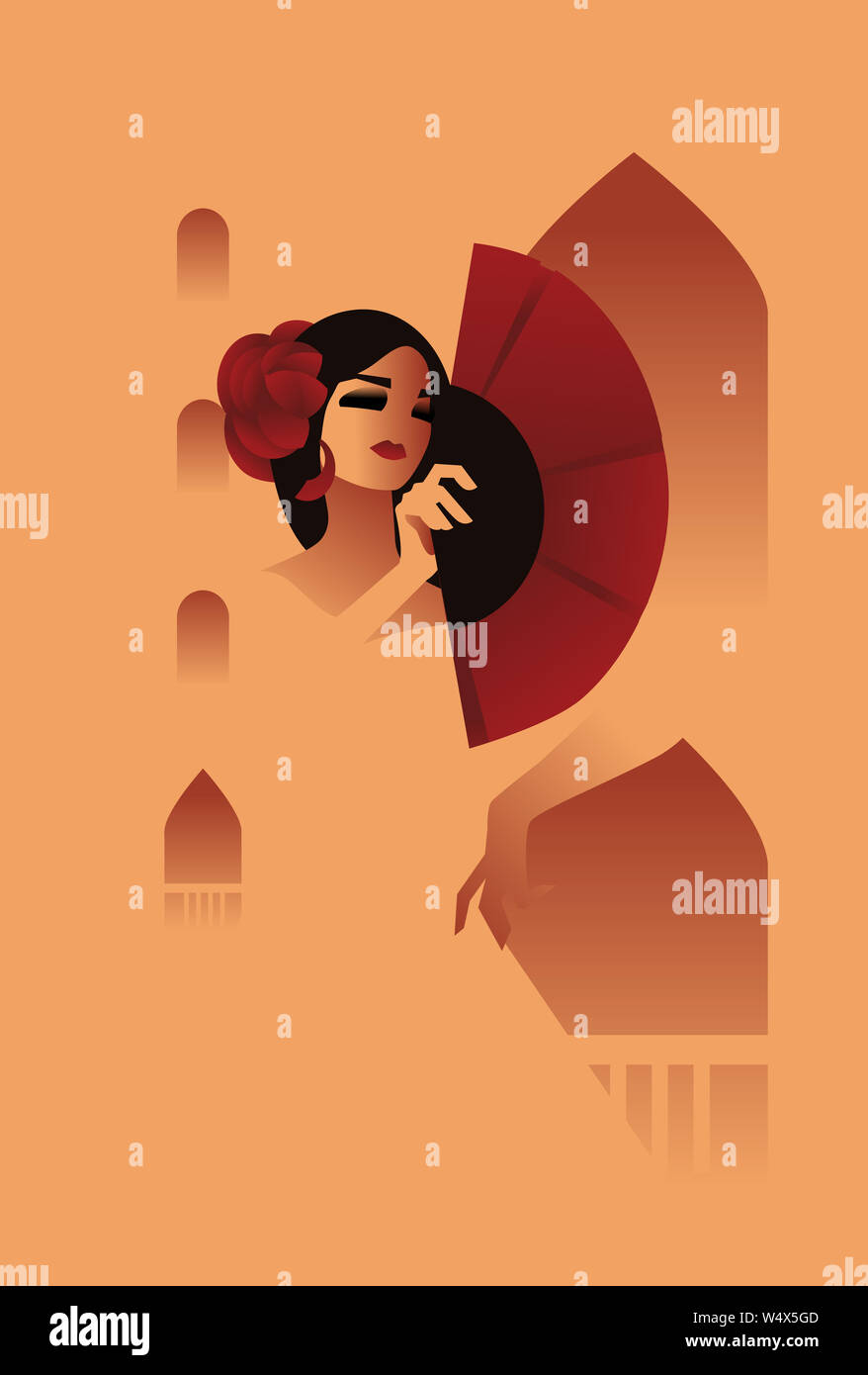 Danseuse de flamenco espagnol posant sur fond de ville avec ventilateur orné de cheveux rose. De style Art déco aux couleurs chaudes illustration Banque D'Images