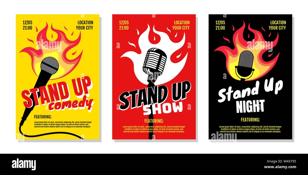 Modèles d'affiches A3 A4 pour les spectacles de soirée humoristique de club debout. Mike rétro avec feu sur fond jaune rouge noir. Dépliant sur le concept de torréfaction des blagues chaudes. Illustration d'événement vectoriel à microphone ouvert Illustration de Vecteur
