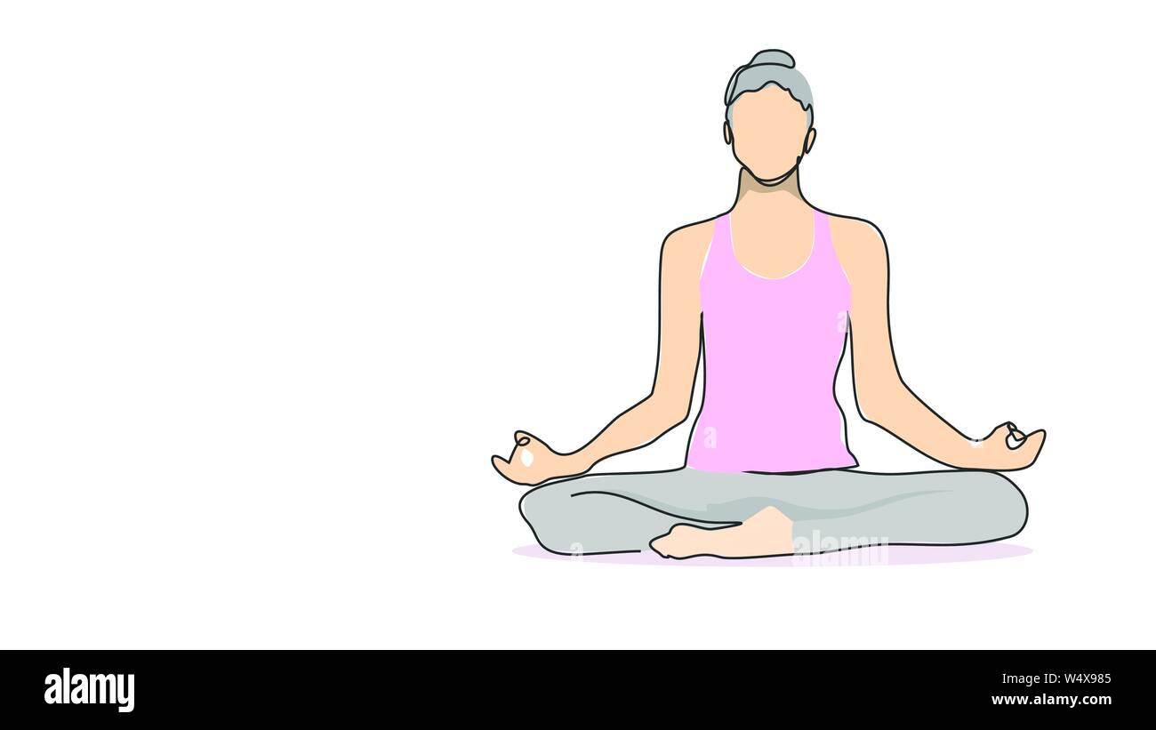 Woman sitting in lotus pose la méditation yoga méditation seule ligne mauvais dessin avec la couleur de l'eau efect télévision illustration style Illustration de Vecteur